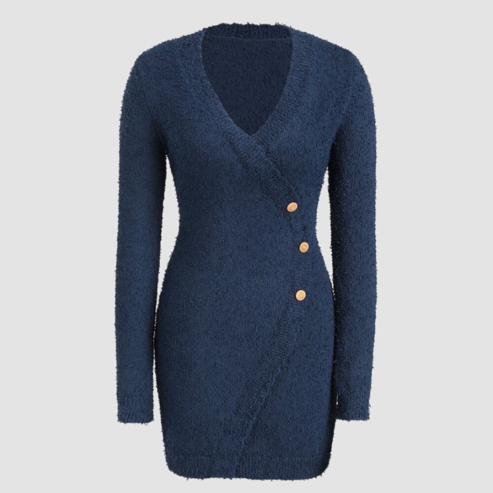 Navy Boucle Knit Mini Sweater Dress